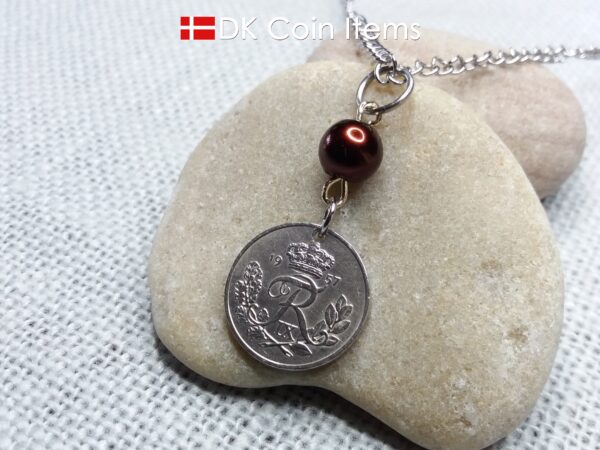 Denmark 1957 coin necklace. 67 year old R-monogram 10 ore pendant with bead