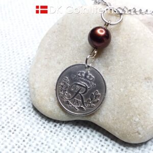 Denmark 1951 coin necklace. 73 year old R-monogram 10 ore pendant with bead