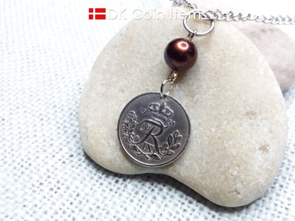 Denmark 1951 coin necklace. 73 year old R-monogram 10 ore pendant with bead