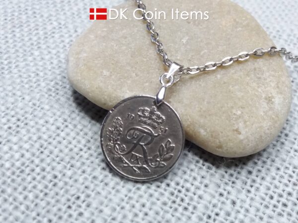 Denmark 1951 coin necklace. 73 year old R-monogram 10 ore pendant on pinch bail