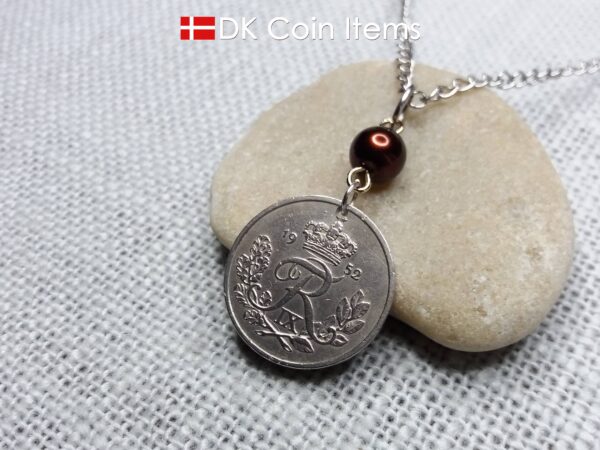 Denmark 1952 coin necklace. 72 year Crown R-monogram 25 ore pendant on bead