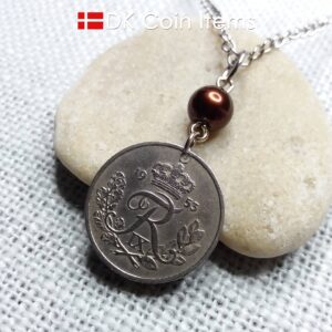 Denmark 1953 coin necklace. 71 year Crown R-monogram 25 ore pendant on bead