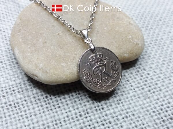 Denmark 1952 coin necklace. 72 year old R-monogram 10 ore pendant on pinch bail