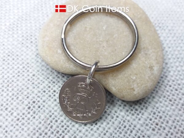 Denmark 1960 coin keychain. Crowned R-monogram 10 ore coin as pendant on keyring.