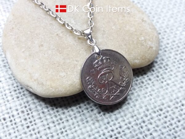 Denmark 1953 coin necklace. 71 year old R-monogram 10 ore pendant on pinch bail