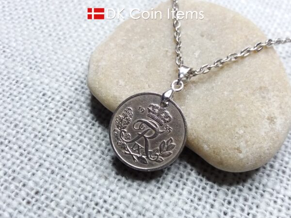 Denmark 1955 coin necklace. 69 year old R-monogram 10 ore pendant on pinch bail