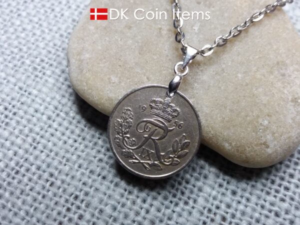 Denmark 1956 coin necklace. 68 year old R-monogram 10 ore pendant on pinch bail