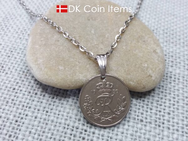 Denmark 1950 coin necklace. R-monogram 10 ore. 74 year old pendant on snap lock.