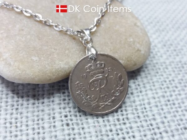 Denmark 1950 coin necklace. 74 year old R-monogram 10 ore pendant on pinch bail.