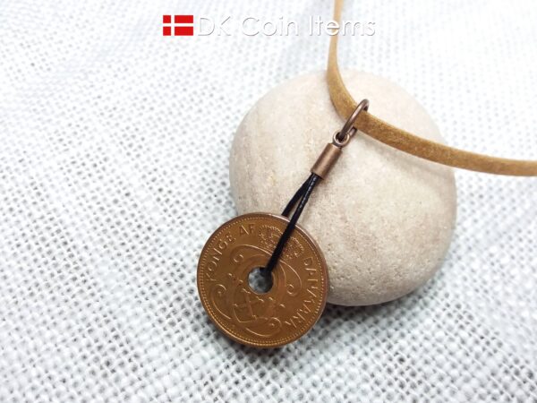 Denmark 1938 coin necklace. Crowned C-monogram 2 ore coin.