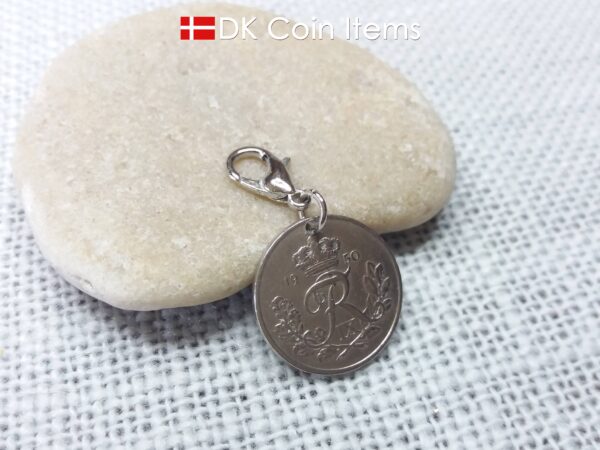 Denmark 1950 coin charm. 74 year old R-monogram 10 ore pendant.