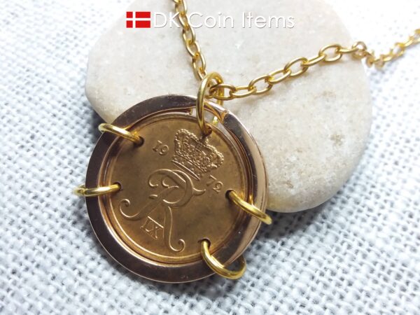 Denmark 1972 coin necklace. Crown R-monogram 5 ore 52 year old pendant