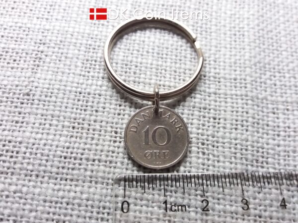 Denmark 1950 coin keychain. Crowned R-monogram 10 ore coin as pendant on keyring