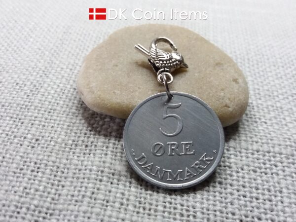 Denmark 1964 coin charm. 60 year old Crown R-monogram 5 ore pendant