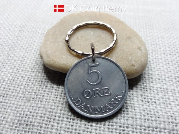 Denmark 1964 coin keychain. 60 year Crown R-monogram 5 ore pendant