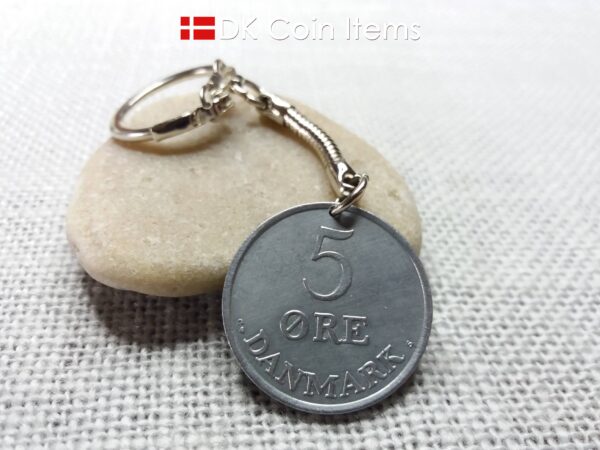 Danish 1964 coin keychain. 60 year Crowned R-monogram 5 ore pendant