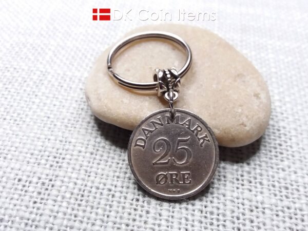 Denmark 1954 coin keychain. 70 year Crown R-monogram 25 ore pendant