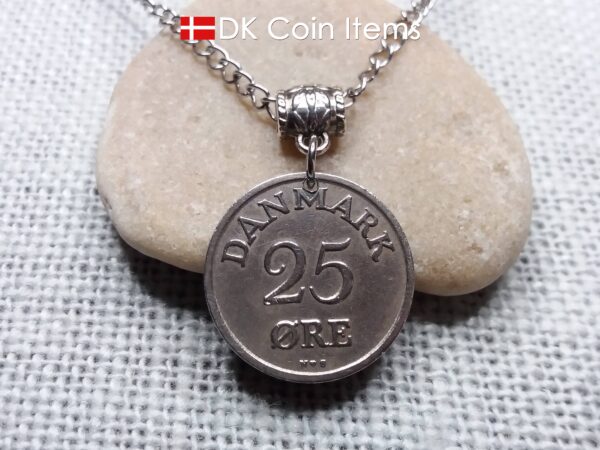 Denmark 1953 coin necklace. 71 year Crown R-monogram 25 ore pendant