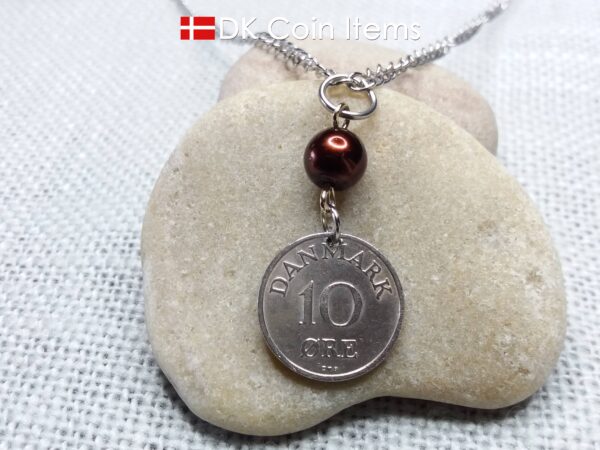 Denmark 1957 coin necklace. 67 year old R-monogram 10 ore pendant with bead