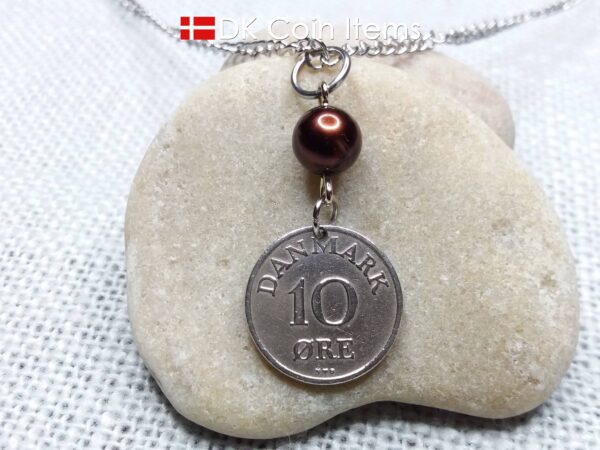 Denmark 1951 coin necklace. 73 year old R-monogram 10 ore pendant with bead