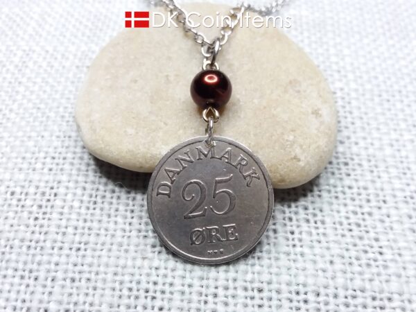 Denmark 1952 coin necklace. 72 year Crown R-monogram 25 ore pendant on bead