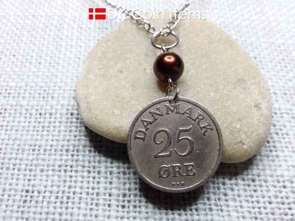 Denmark 1953 coin necklace. 71 year Crown R-monogram 25 ore pendant on bead