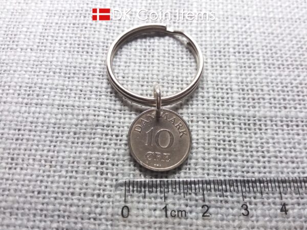 Denmark 1960 coin keychain. Crowned R-monogram 10 ore coin as pendant on keyring.