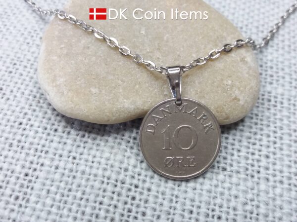 Denmark 1950 coin necklace. R-monogram 10 ore. 74 year old pendant on snap lock.