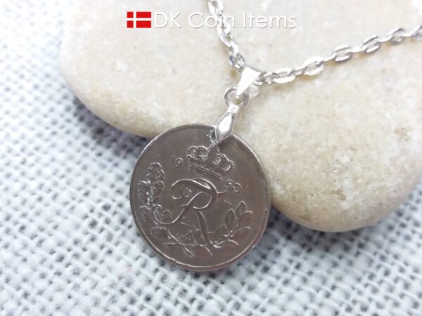 Denmark 1950 coin necklace. 74 year old R-monogram 10 ore pendant on pinch bail.