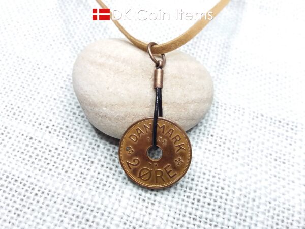 Denmark 1938 coin necklace. Crowned C-monogram 2 ore coin.