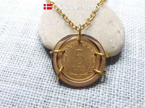 Denmark 1972 coin necklace. Crown R-monogram 5 ore 52 year old pendant