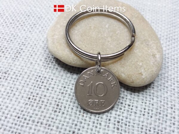 Denmark 1950 coin keychain. Crowned R-monogram 10 ore coin as pendant on keyring