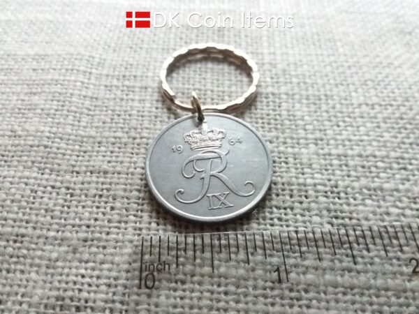 Denmark 1964 coin keychain. 60 year Crown R-monogram 5 ore pendant