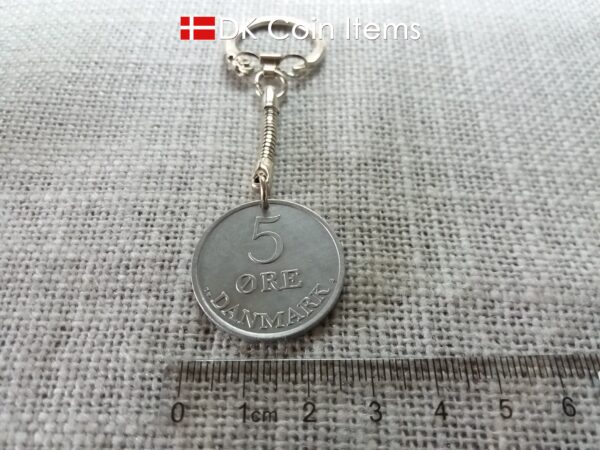 Danish 1964 coin keychain. 60 year Crowned R-monogram 5 ore pendant