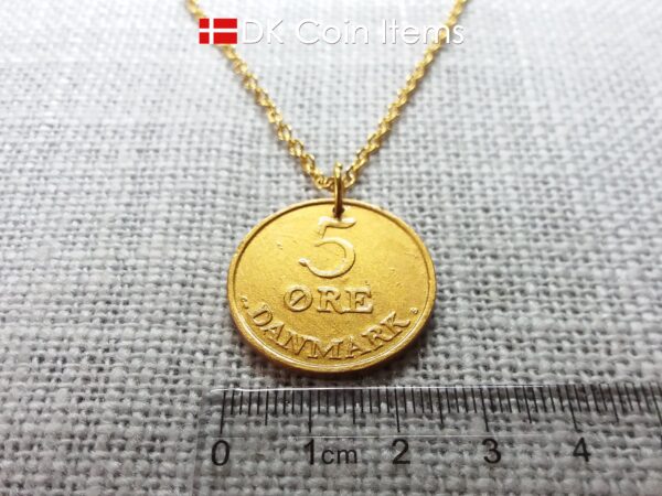 Denmark 1959 coin necklace. Crown R-monogram 5 ore coin coated with antique gold color