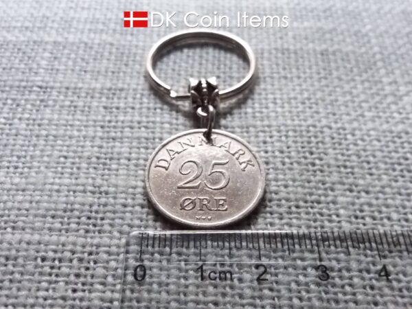 Denmark 1954 coin keychain. 70 year Crown R-monogram 25 ore pendant