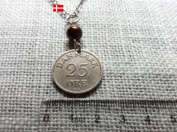 Denmark 1953 coin necklace. 71 year Crown R-monogram 25 ore pendant on bead