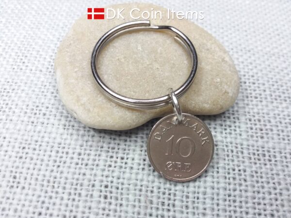 Denmark 1960 coin keychain. Crowned R-monogram 10 ore coin as pendant on keyring.