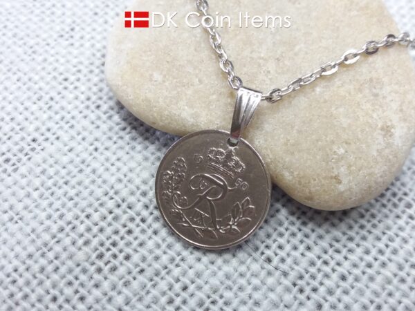 Denmark 1950 coin necklace. R-monogram 10 ore. 74 year old pendant on snap lock.