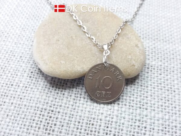 Denmark 1950 coin necklace. 74 year old R-monogram 10 ore pendant on pinch bail.