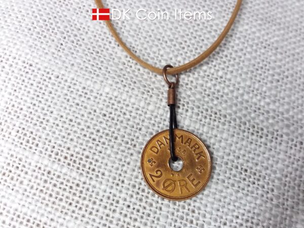 Denmark 1938 coin necklace. Crowned C-monogram 2 ore coin.