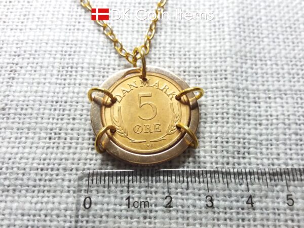 Denmark 1972 coin necklace. Crown R-monogram 5 ore 52 year old pendant