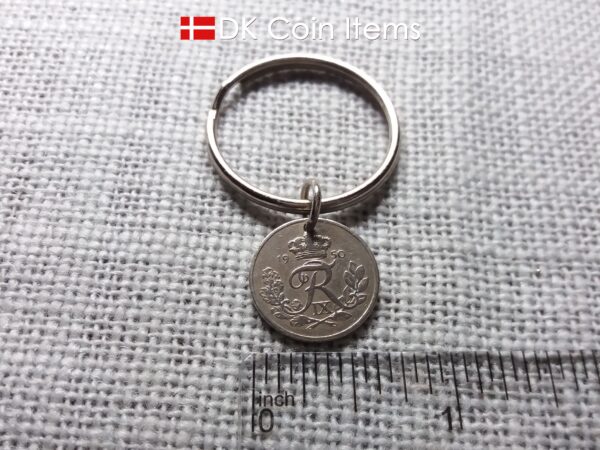 Denmark 1950 coin keychain. Crowned R-monogram 10 ore coin as pendant on keyring