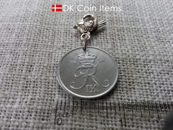 Denmark 1964 coin charm. 60 year old Crown R-monogram 5 ore pendant