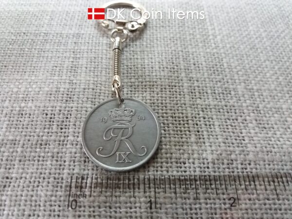 Danish 1964 coin keychain. 60 year Crowned R-monogram 5 ore pendant