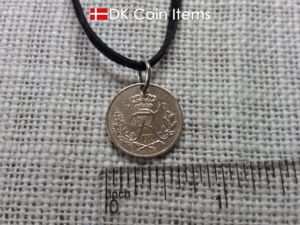 Denmark 1960 coin necklace. Crowned R-monogram 10 ore coin as pendant.