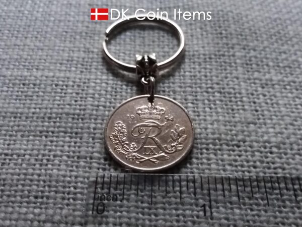 Denmark 1954 coin keychain. 70 year Crown R-monogram 25 ore pendant