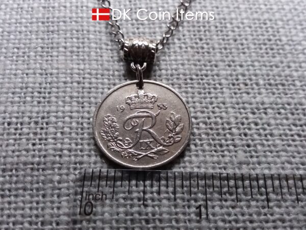 Denmark 1953 coin necklace. 71 year Crown R-monogram 25 ore pendant