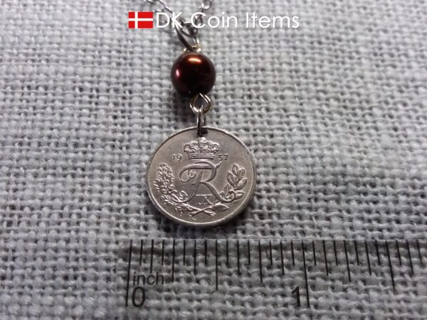 Denmark 1957 coin necklace. 67 year old R-monogram 10 ore pendant with bead