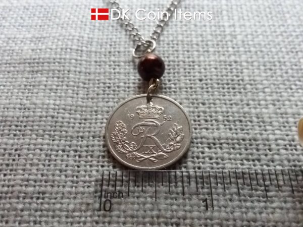 Denmark 1952 coin necklace. 72 year Crown R-monogram 25 ore pendant on bead